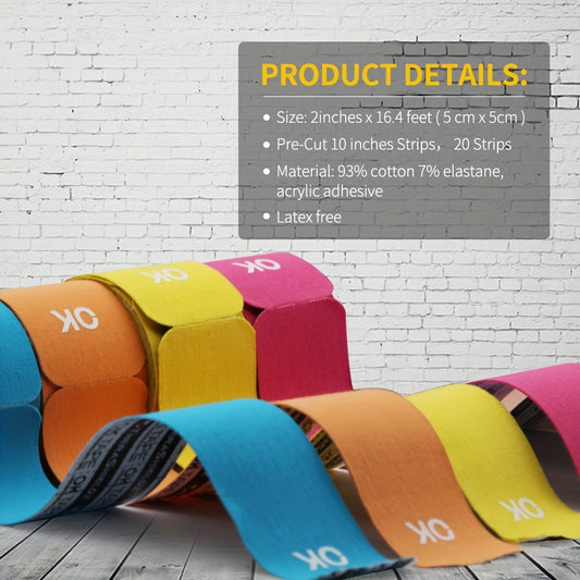 OK Tape Kinesiology Tape – 20 Pre-Cut Strips, Waterproof & Latex-Free